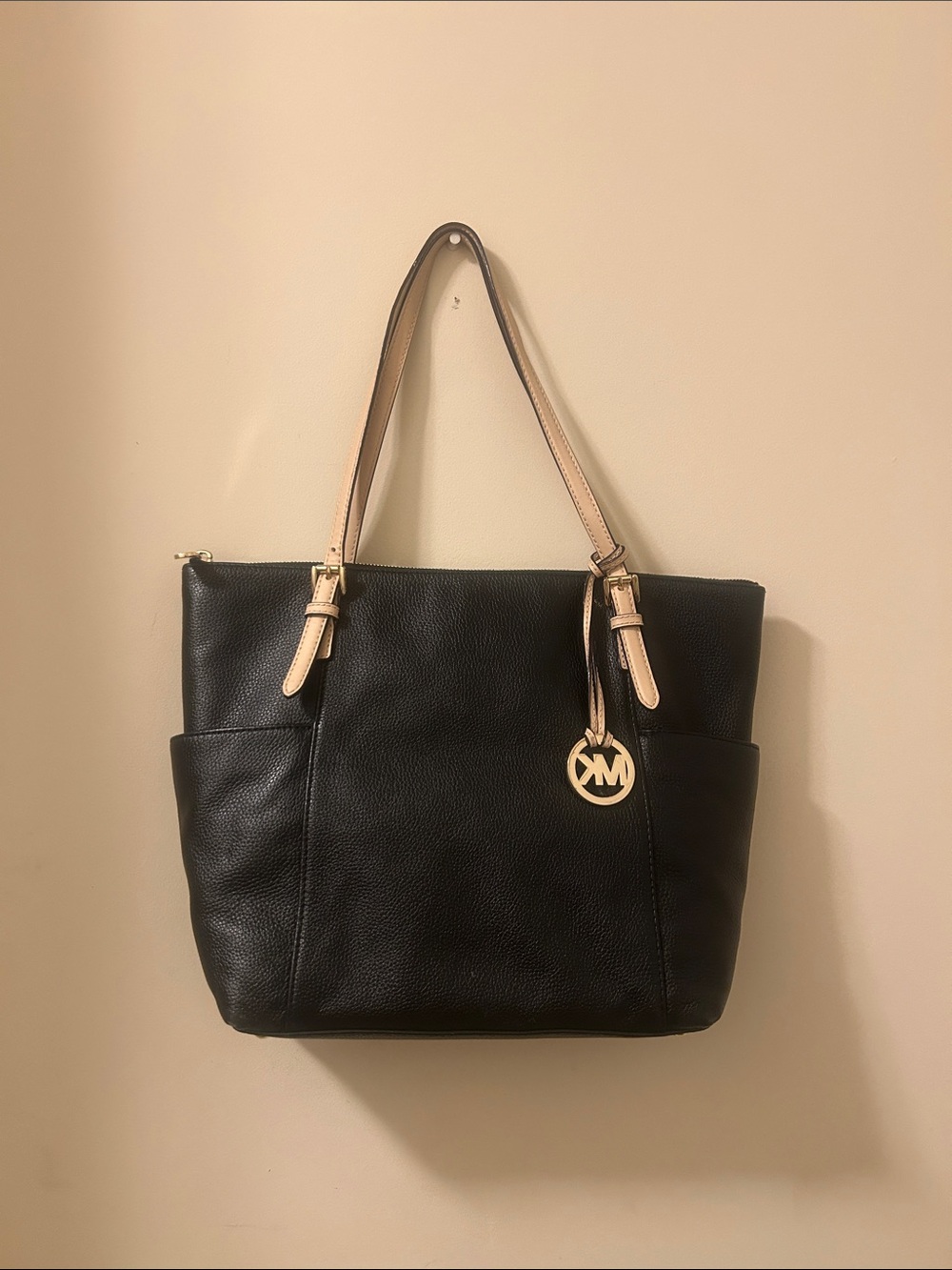 Michael Kors Black Leather Tote with Tan Straps
